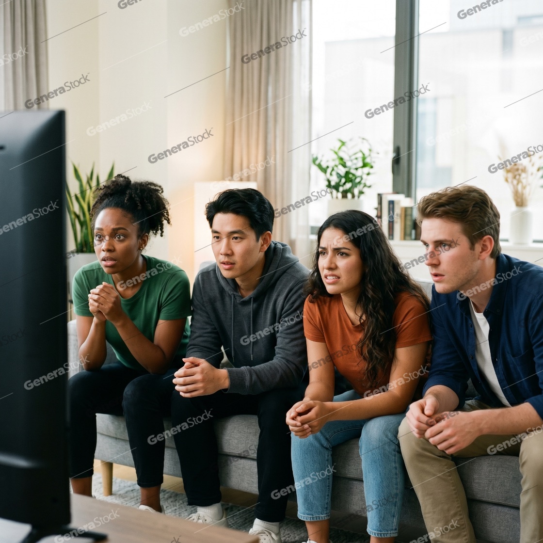 Diverse group of young friends sitting on a sofa in a living room, watching television with anxious and focused expressions