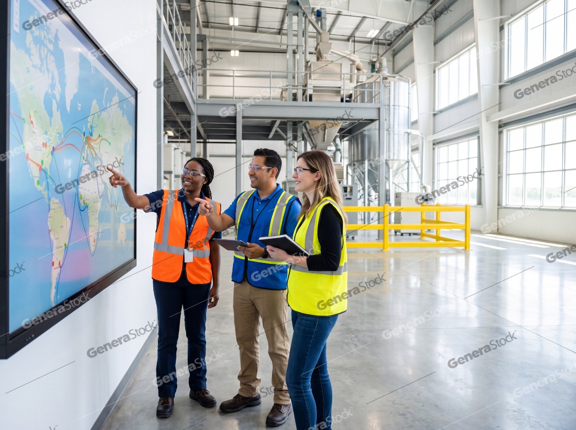 Diverse team of logistics professionals analyzing global shipping routes on a digital screen in a modern warehouse facility