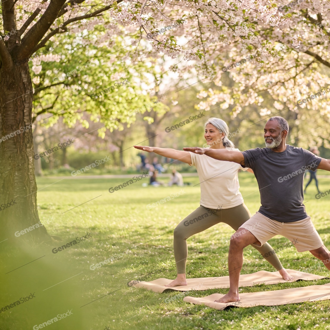 Senior man and woman performing the warrior II yoga pose on mats in a sunny park with pink cherry blossoms. A diverse couple focusing on fitness, wellness, and health during their retirement