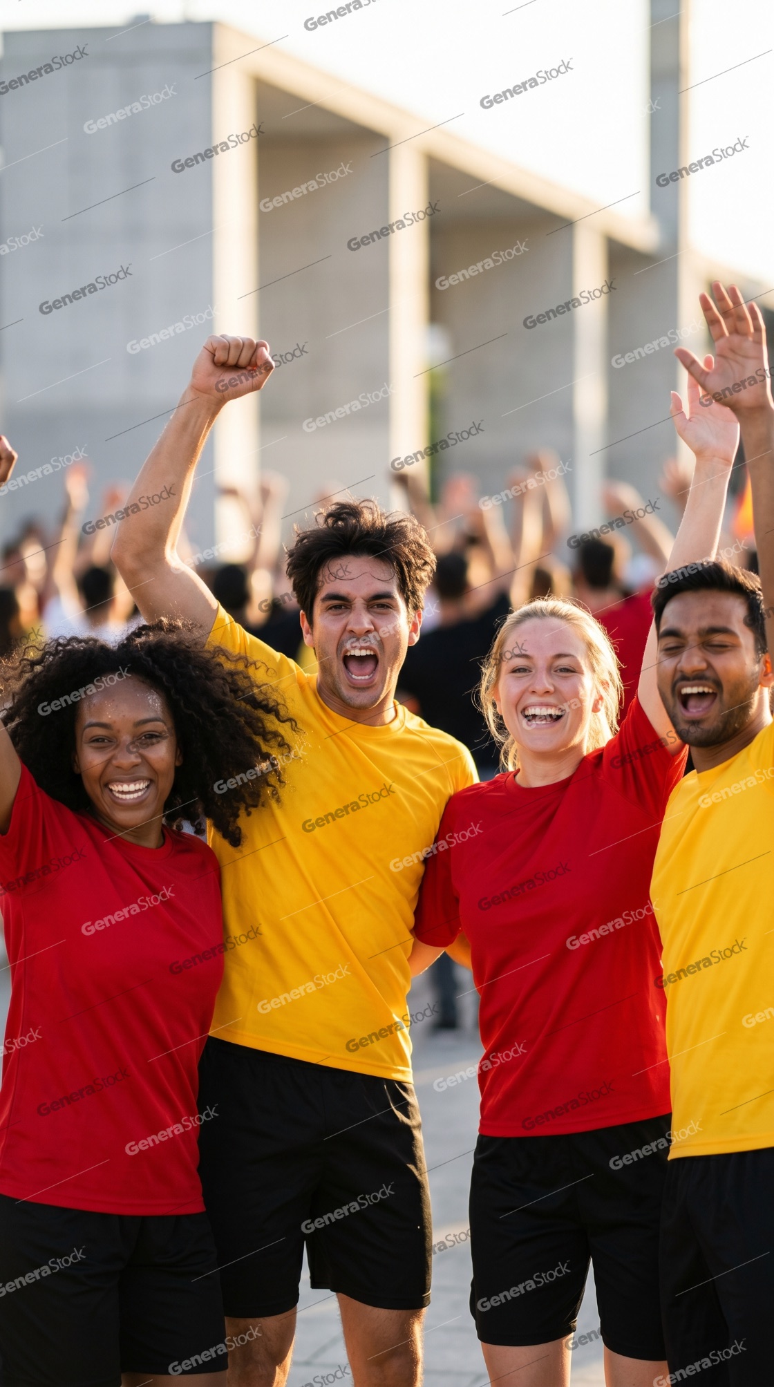 Diverse Group of Young Athletes or Fans in Red and Yellow T-shirts Cheering and Celebrating Victory Outdoors