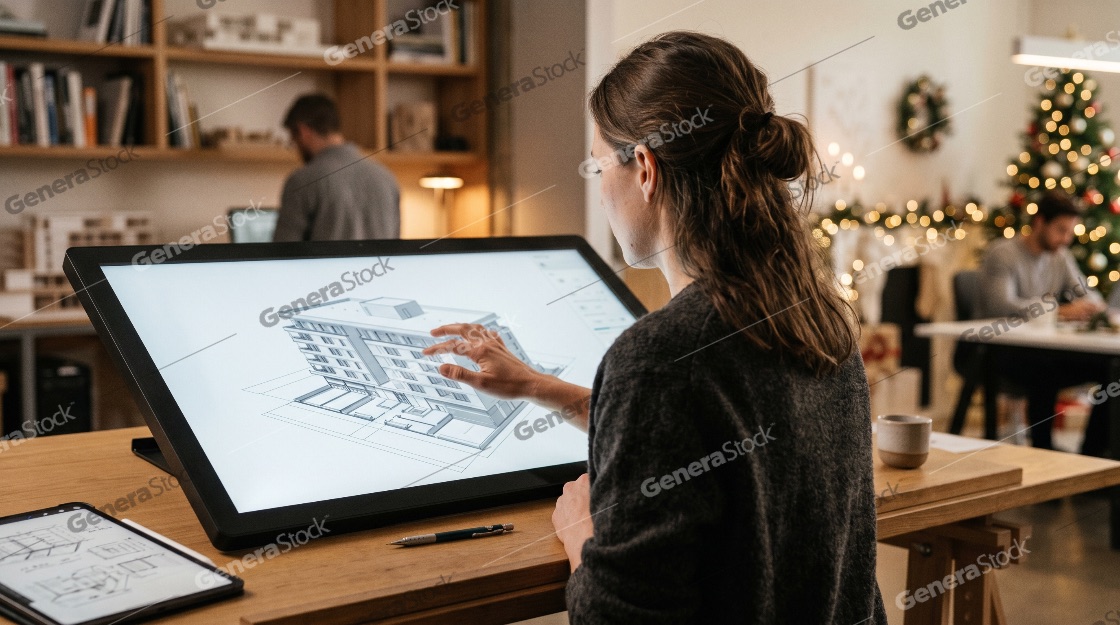 Female Architect Working on 3D Building Design on Large Touchscreen Monitor in Festive Office Studio