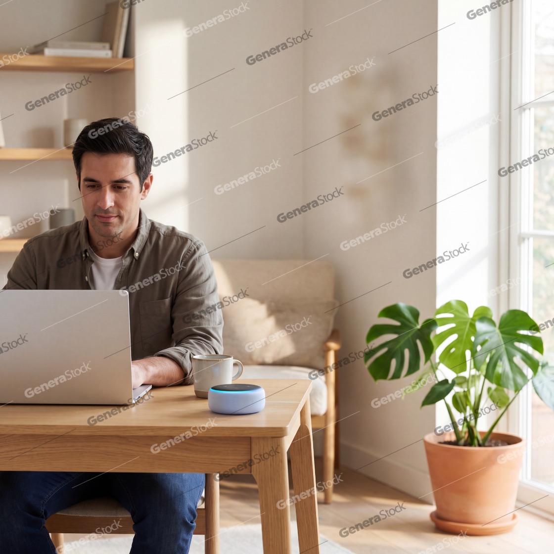 A focused man works on his laptop at a wooden desk in a bright, modern home office, featuring a smart speaker with a glowing blue light, a coffee mug, and a lush monstera plant by the window