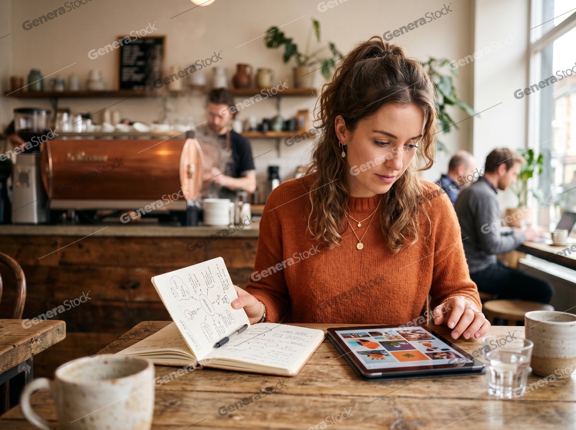 Creative young woman using a digital tablet and taking notes in a notebook while sitting at a wooden table in a modern coffee shop
