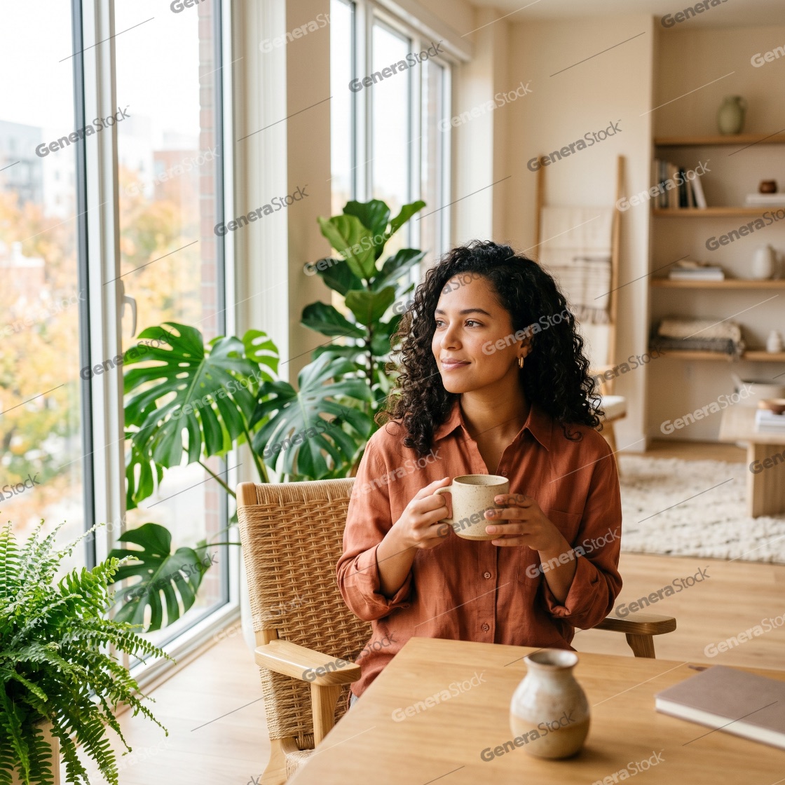 Young woman with curly hair relaxing in a bright living room with coffee and houseplants