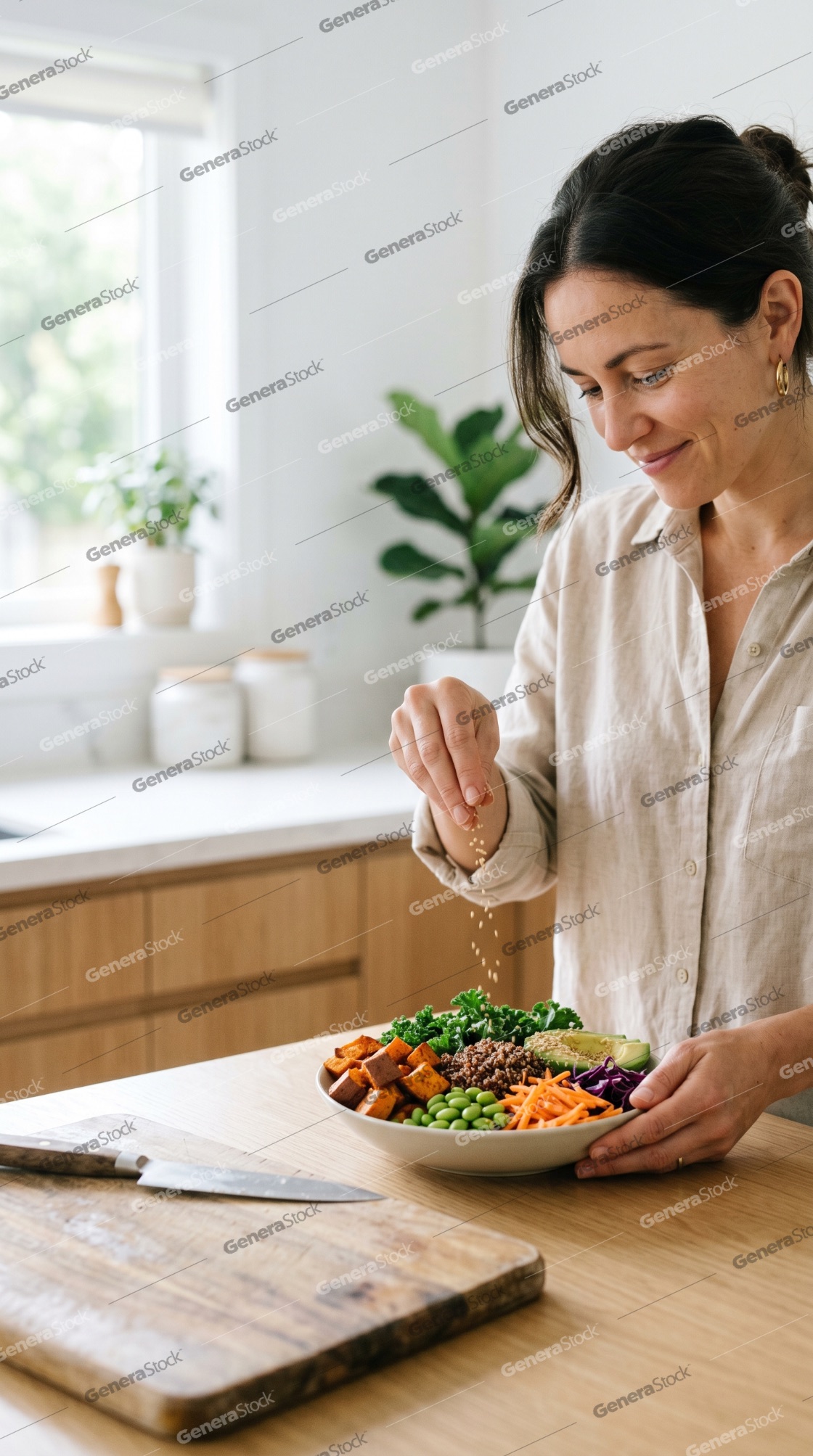Smiling woman preparing a healthy Buddha bowl with fresh vegetables and quinoa in a bright modern kitchen