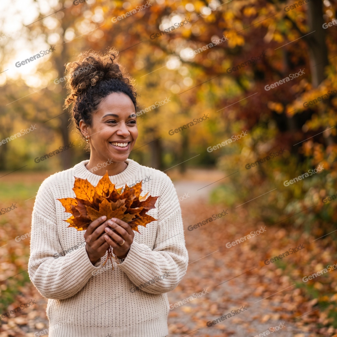 Happy young woman with curly hair holding a bunch of orange autu