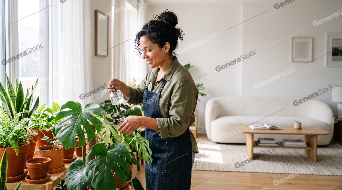 Smiling young woman in a denim apron caring for her indoor plant