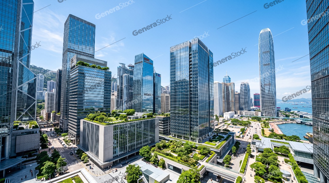 Wide angle view of modern skyscrapers and glass office buildings