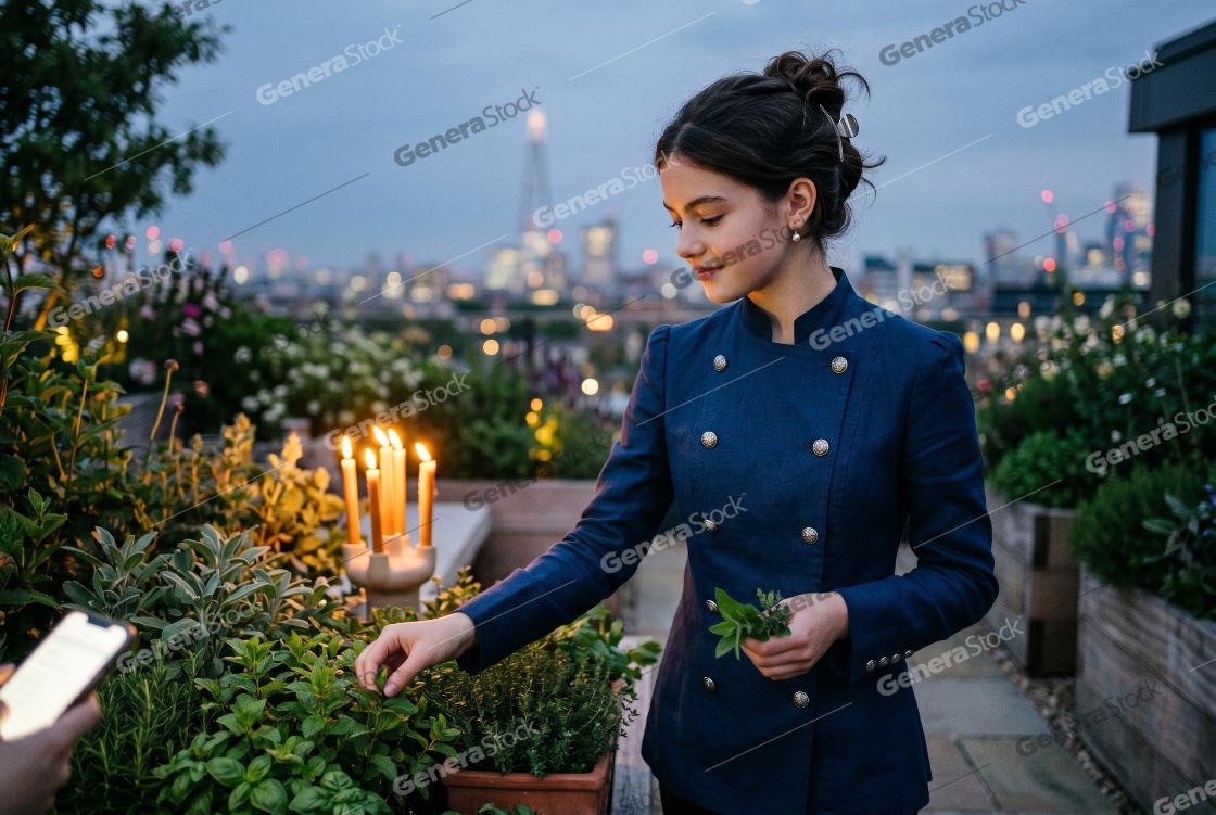 Young female chef harvesting fresh herbs in a London rooftop garden at twilight with city skyline background