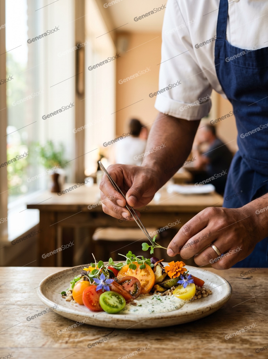 Professional chef plating a fresh gourmet salad with heirloom tomatoes and microgreens in a restaurant