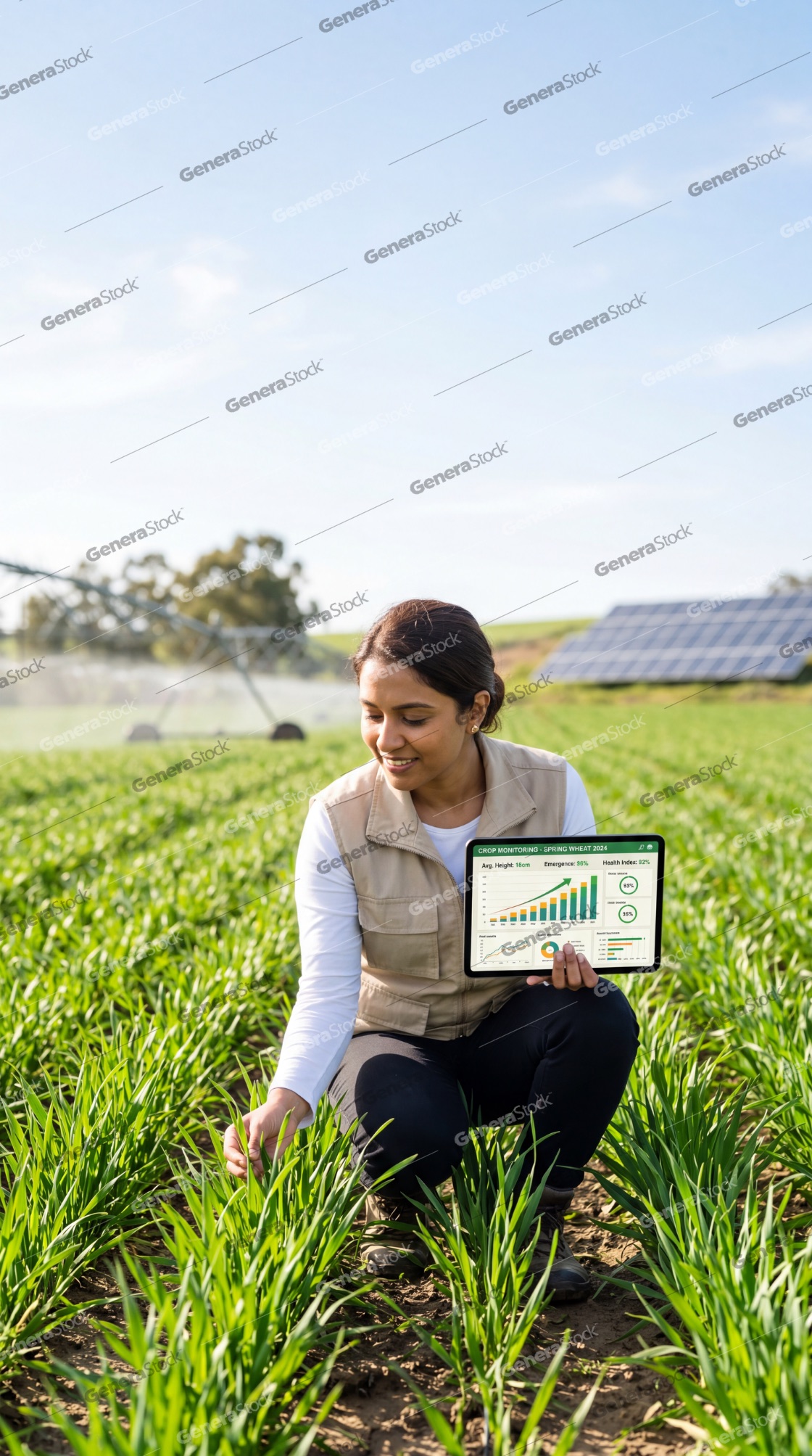 Female Agronomist Using Tablet for Crop Monitoring in a Green Field with Solar Panels