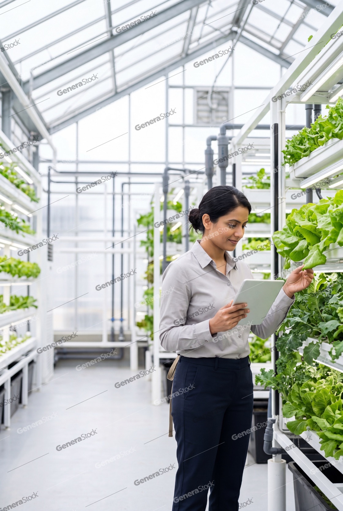 Female agricultural researcher using a digital tablet to monitor plant growth in a modern vertical hydroponic farm greenhouse