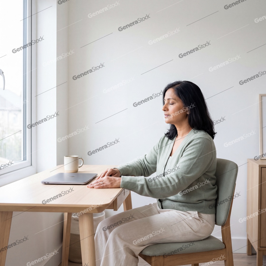 A peaceful middle-aged Indian woman sitting at her wooden desk with eyes closed, practicing mindfulness and meditation during a break from work in a bright, minimalist home office setting