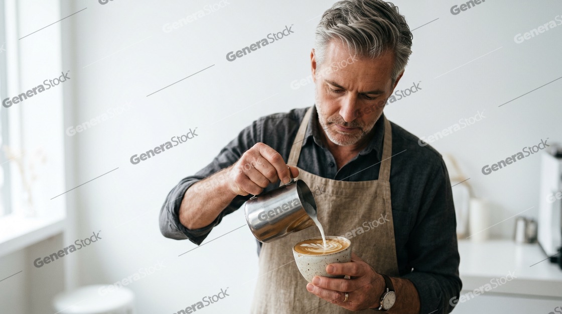 Professional mature barista pouring steamed milk into a cup to create latte art in a bright cafe