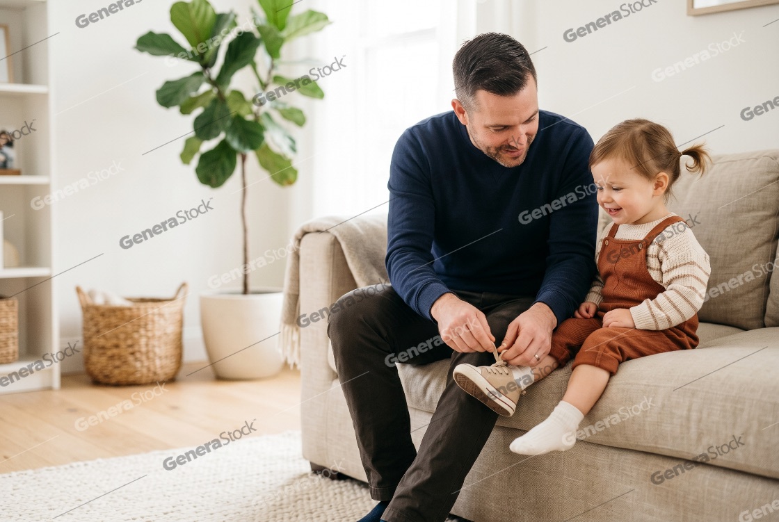 Loving father helping his young daughter put on her sneakers while sitting on a couch in a bright, modern living room