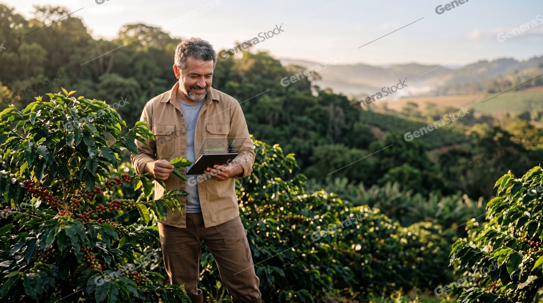 Modern farmer using smart technology and a digital tablet to inspect coffee crop health in a mountain plantation during golden hour