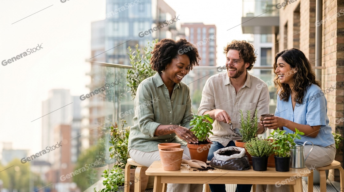 Happy Multi-ethnic Friends Enjoying Urban Gardening Together on a Sunny Balcony