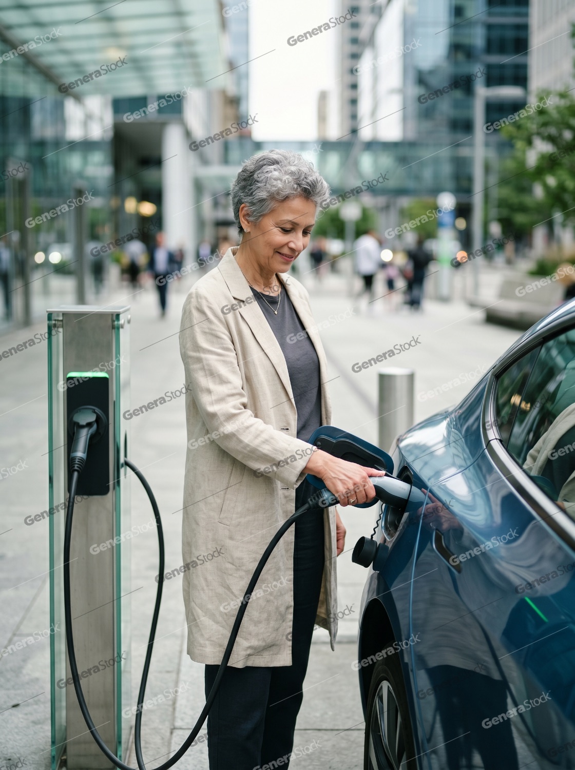 Mature woman charging her blue electric car at a public station in a modern city street