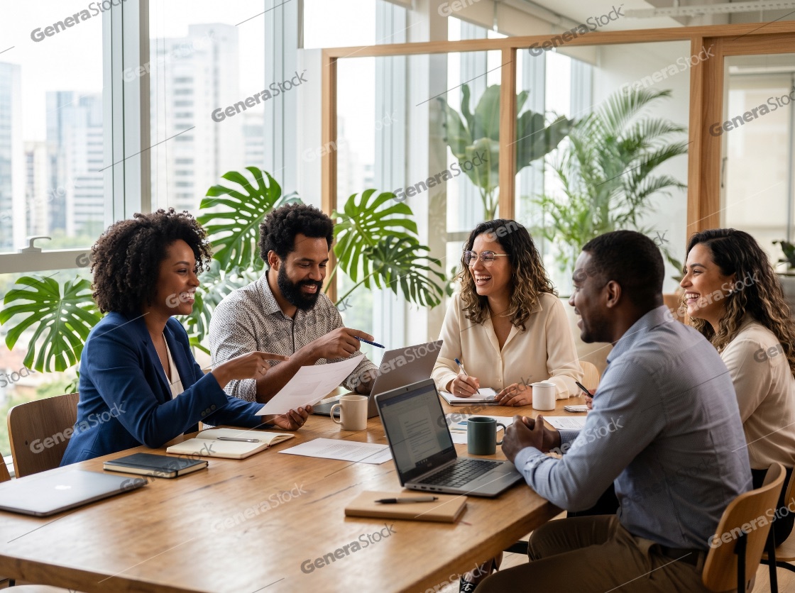 Diverse Group of Business Professionals Collaborating in a Modern Office Meeting