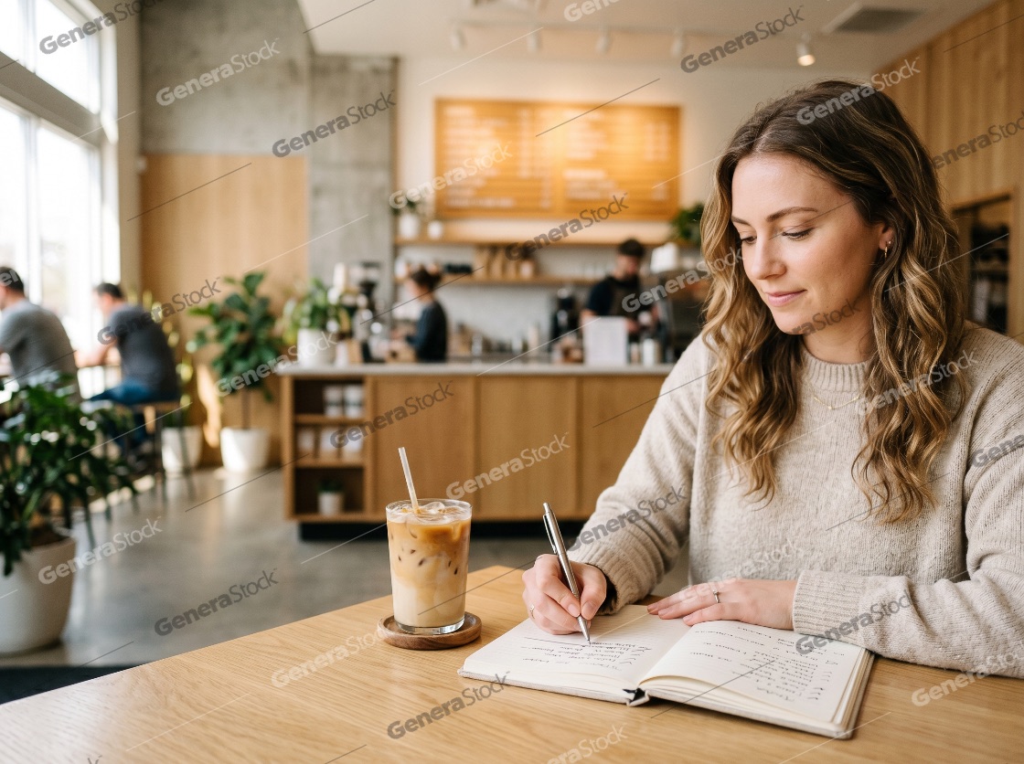 Young woman writing in a notebook while sitting in a bright modern cafe with an iced latte
