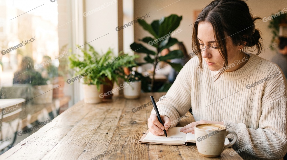 Young Woman Focused on Writing in a Notebook at a Cozy Cafe Table with Coffee