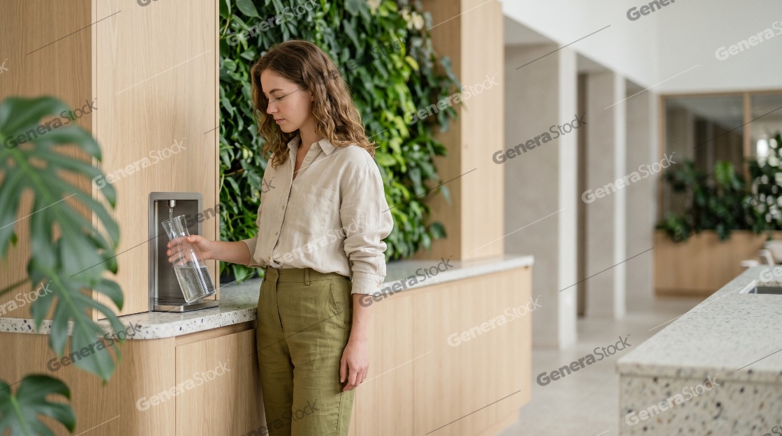 Young woman filling a glass carafe from a water dispenser in a sustainable modern office interior with a vertical garden
