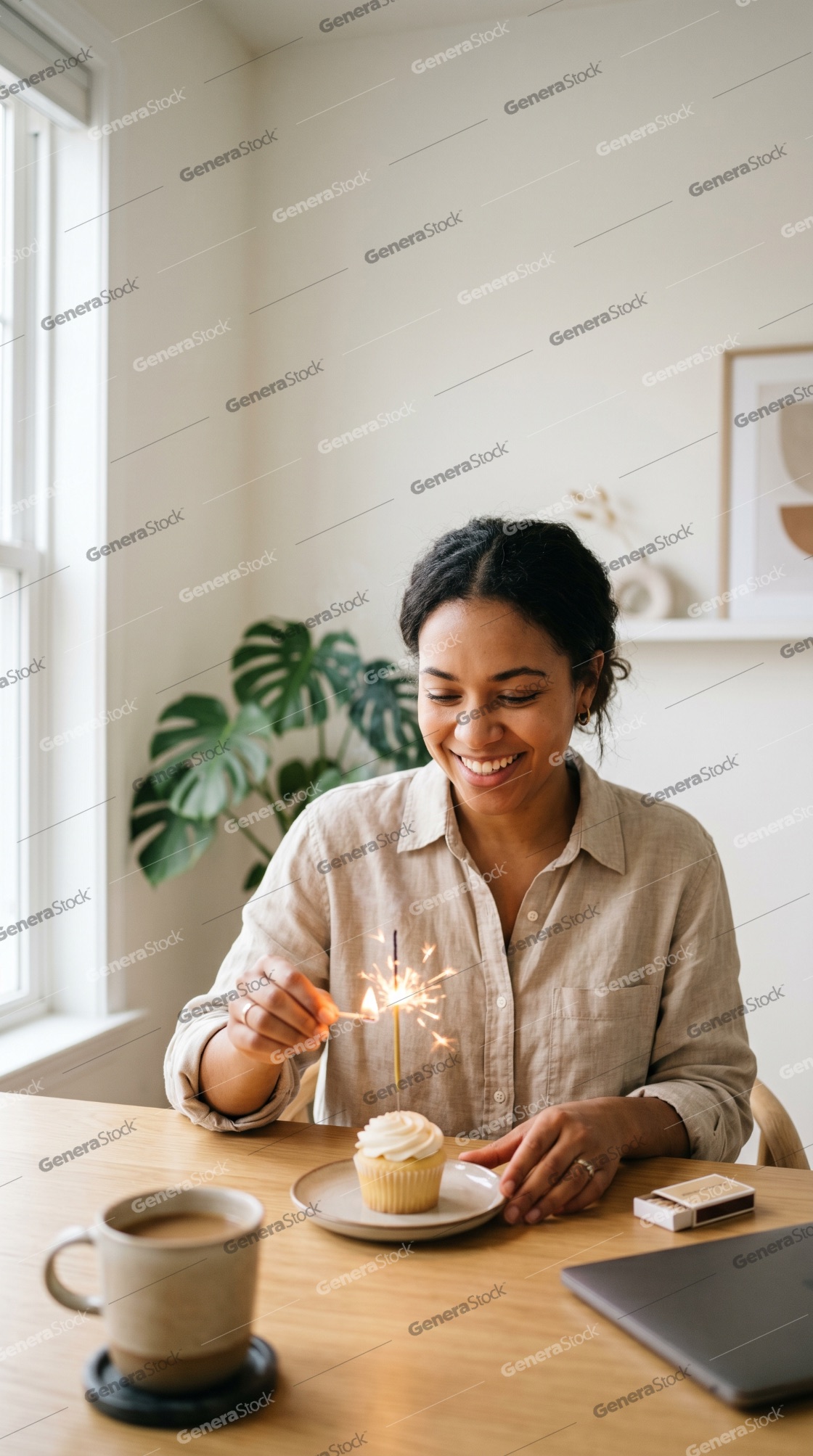Smiling Young Woman Lighting a Sparkler on a Cupcake to Celebrate a Birthday or Special Occasion at Home