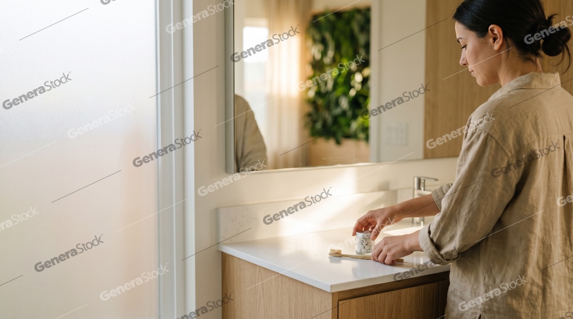 Woman preparing for her morning oral care routine with eco-friendly toothpaste tablets and a bamboo toothbrush in a bright, minimalist bathroom