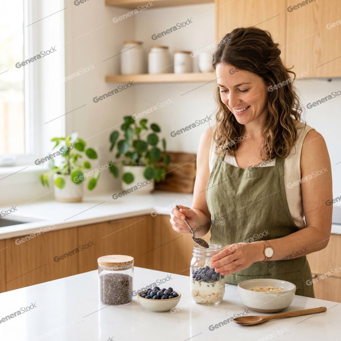Smiling woman in a green apron preparing a healthy breakfast jar with oats, blueberries, and chia seeds in a bright modern kitchen