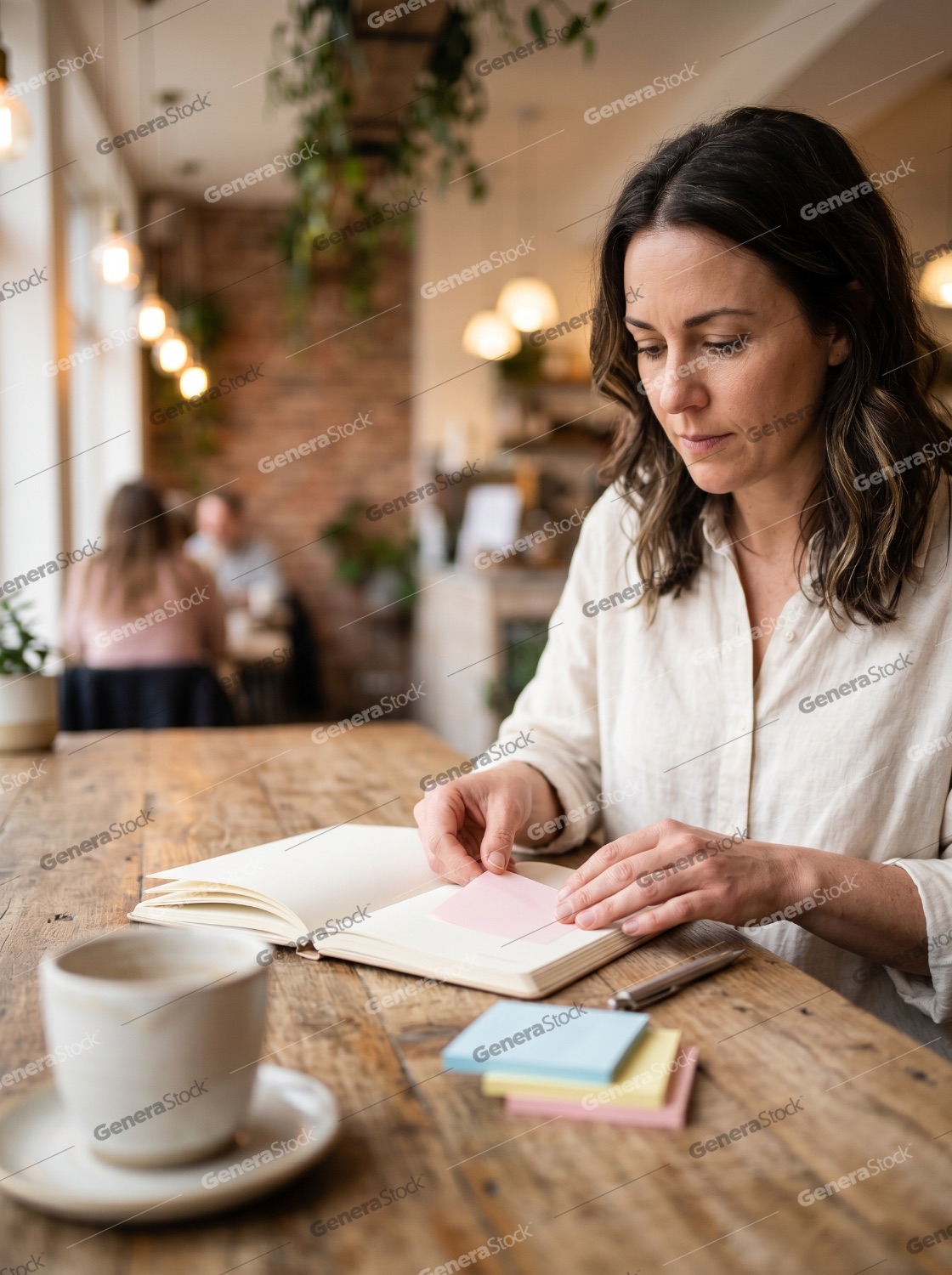 Focused woman organizing her notebook with colorful sticky notes while sitting in a cozy cafe