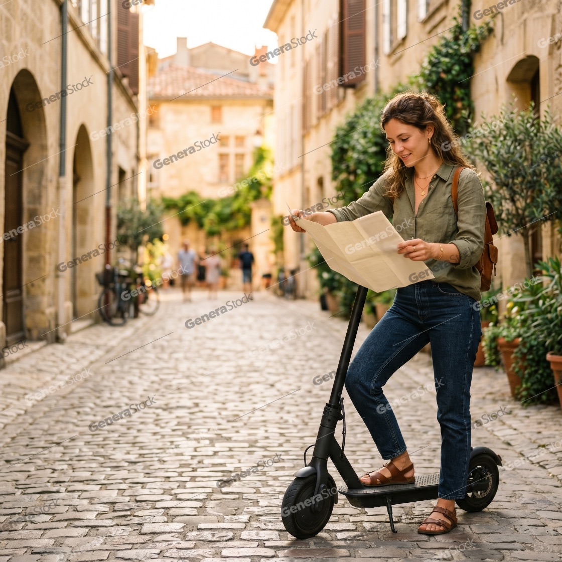 Young woman tourist on electric scooter looking at a paper map in a charming narrow cobblestone street of an old European city