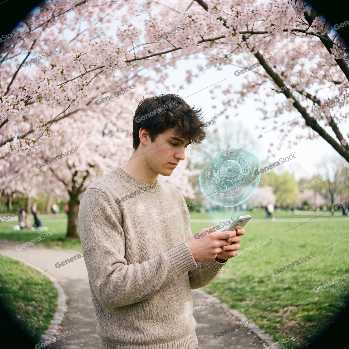 Young man using augmented reality on his smartphone to study a 3D biological cell hologram in a park with cherry blossoms