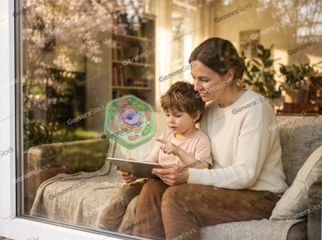 Mother and Son Learning Biology with Augmented Reality Tablet at Home