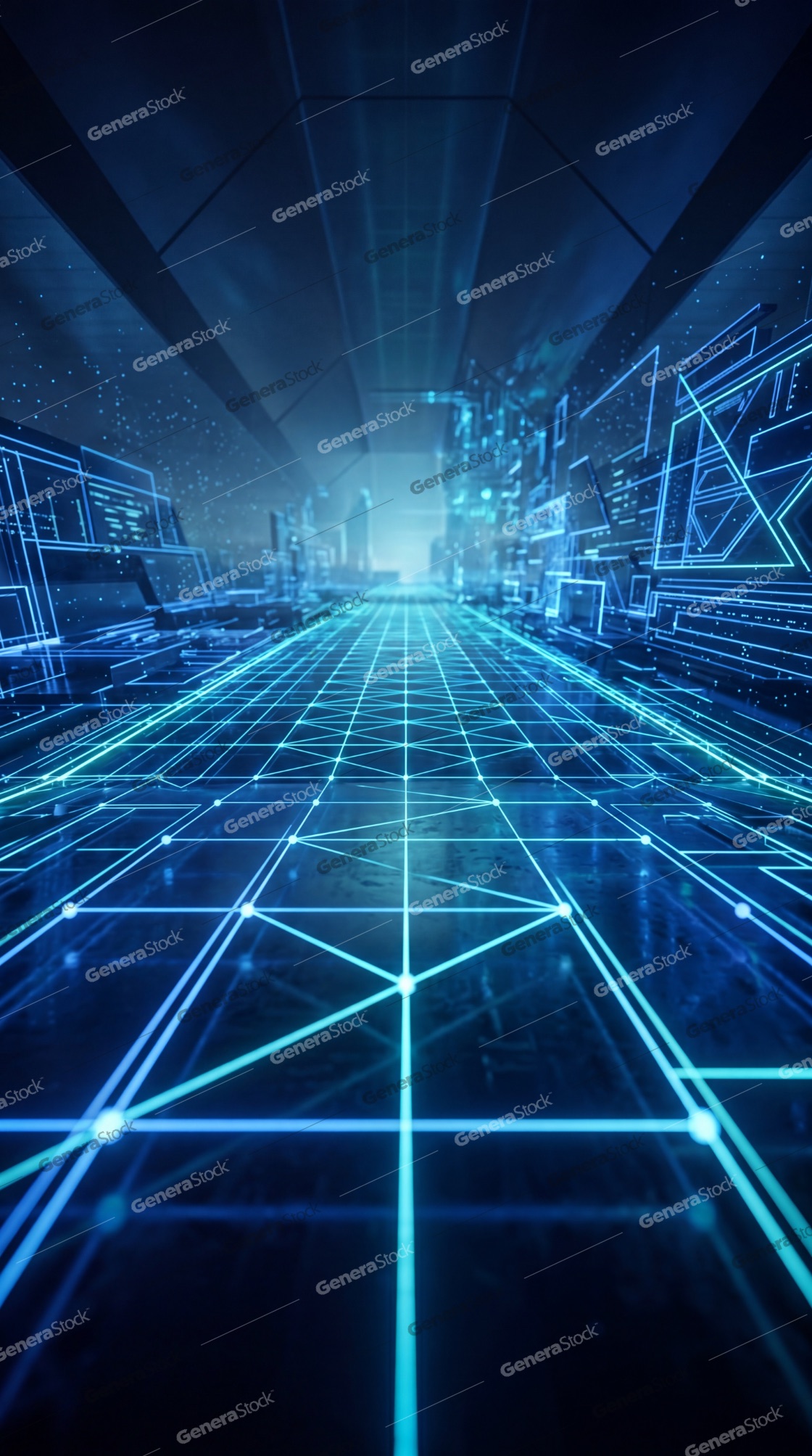 Futuristic Digital Corridor with Glowing Blue Neon Grid and High-Tech Data Patterns