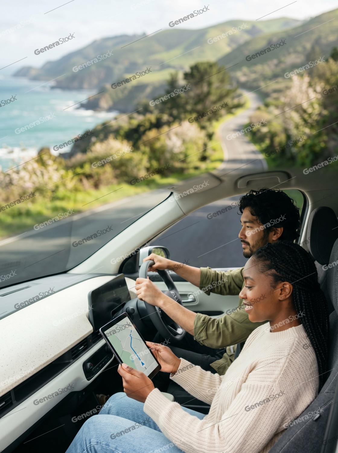 Diverse Couple on a Scenic Coastal Road Trip Using a Tablet for Navigation