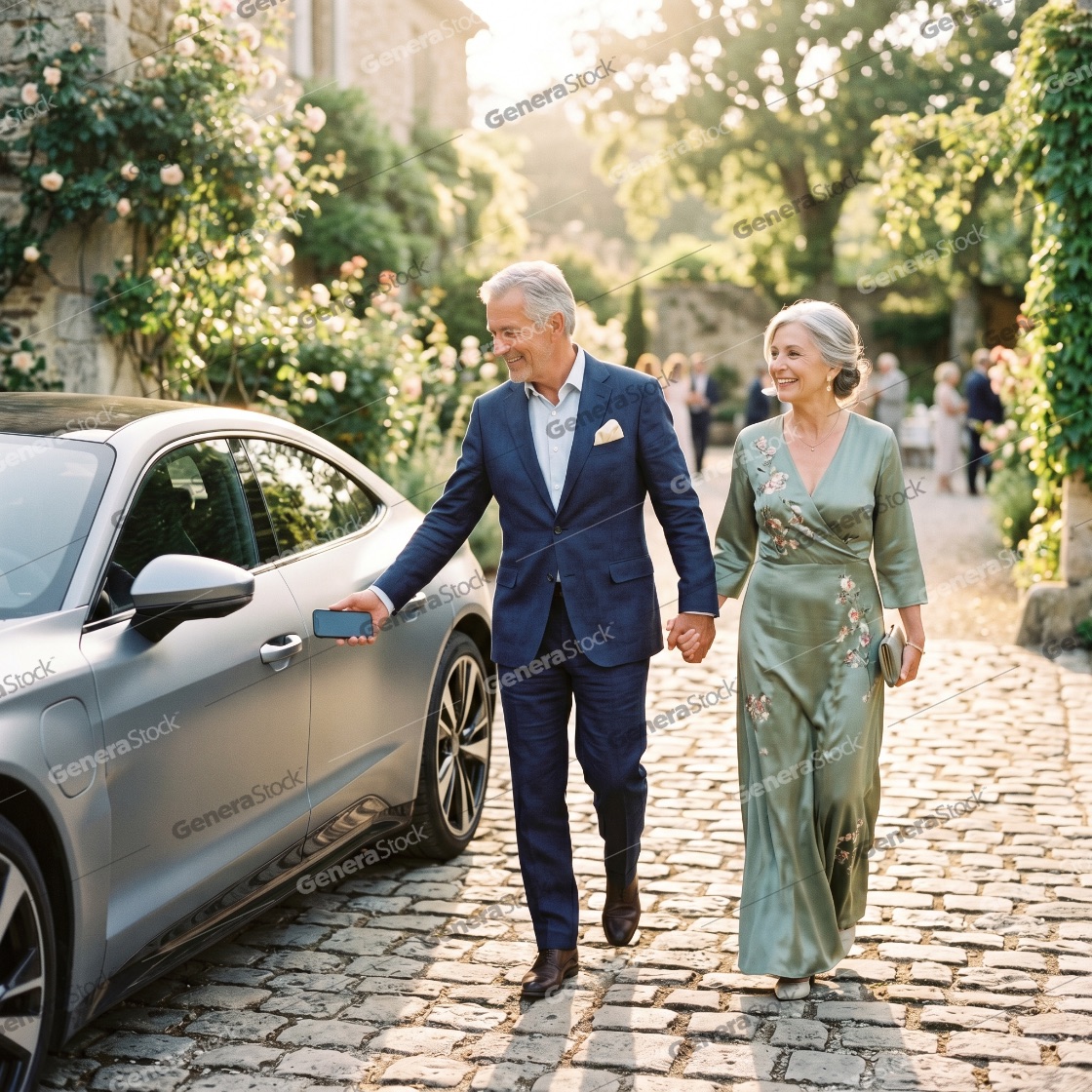 Elegant senior couple arriving at a luxury garden event and unlocking their modern car with a smartphone