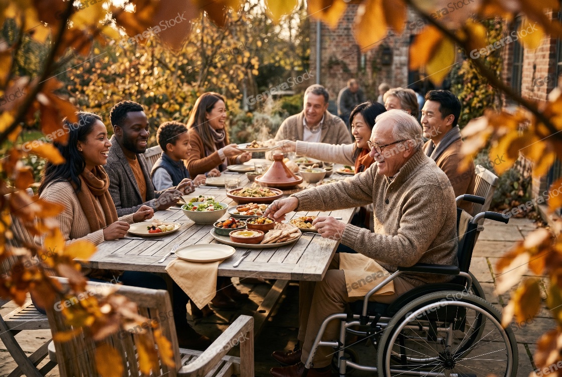 Happy multi-generational and multi-ethnic family enjoying an outdoor autumn meal together in a garden