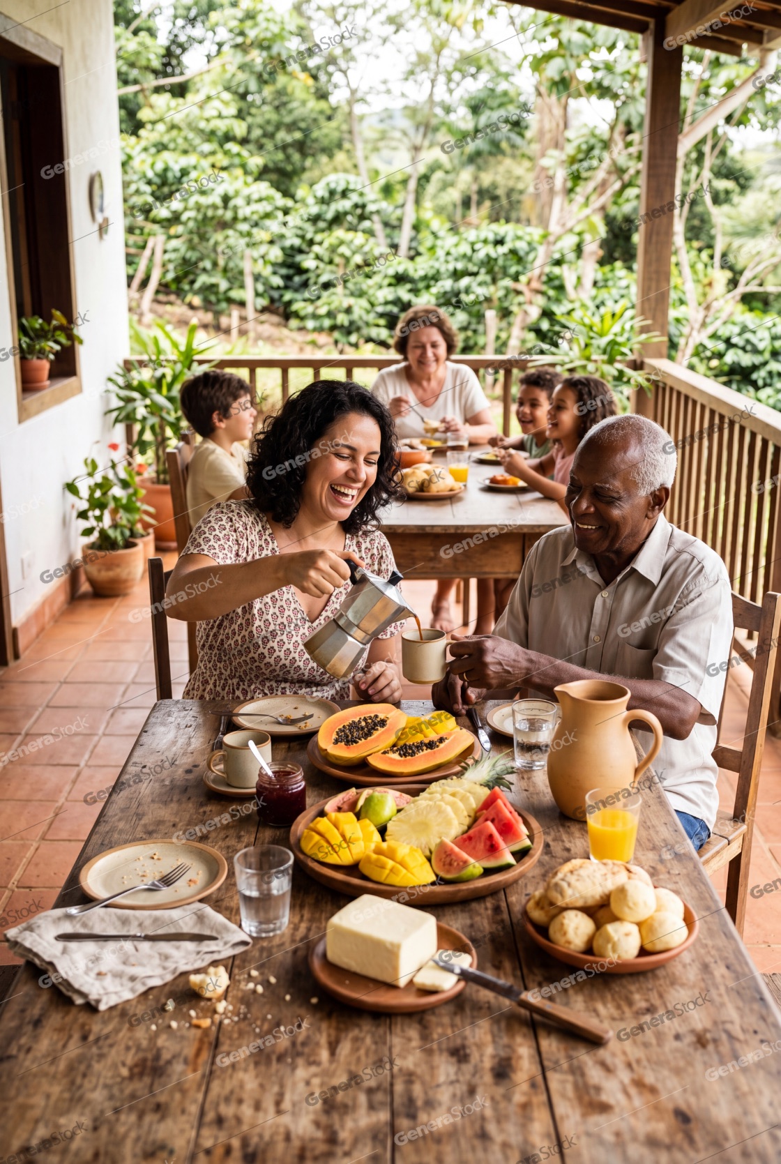 Happy Multi-generational Family Enjoying Breakfast on a Rustic Tropical Porch