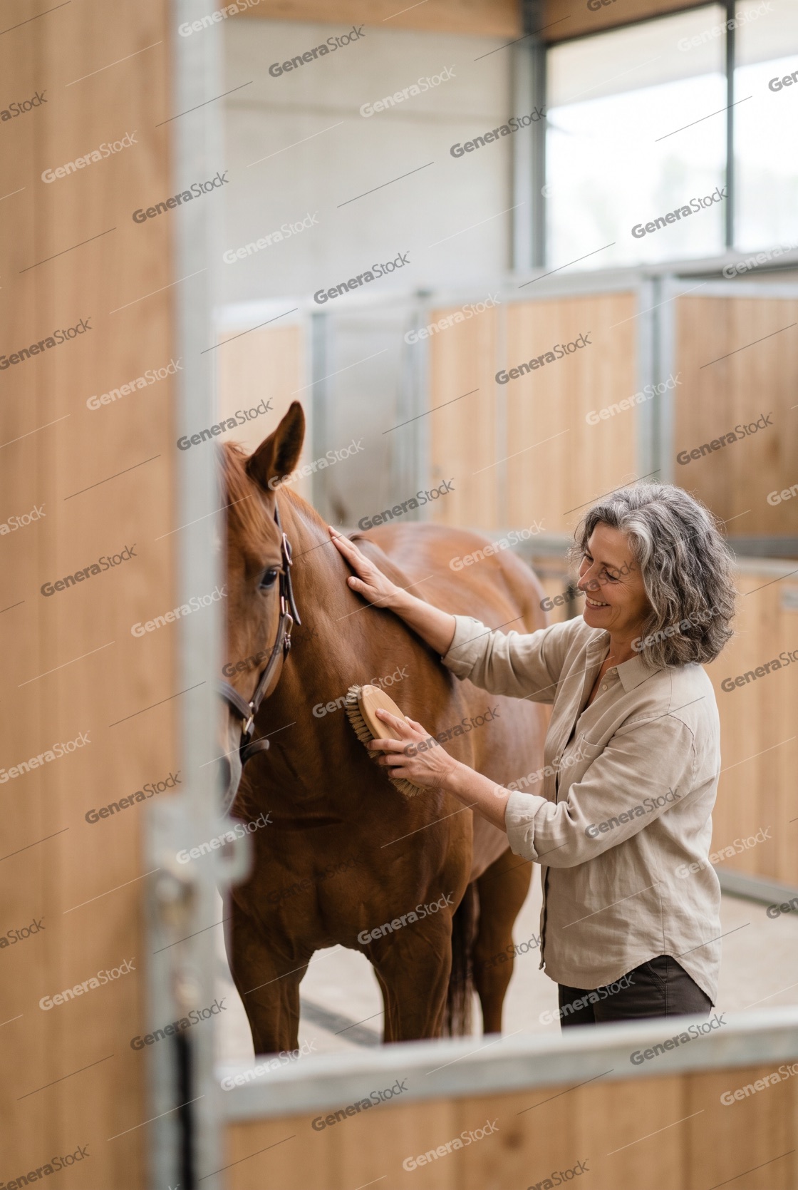Middle-aged woman with grey hair grooming a brown horse in a stable