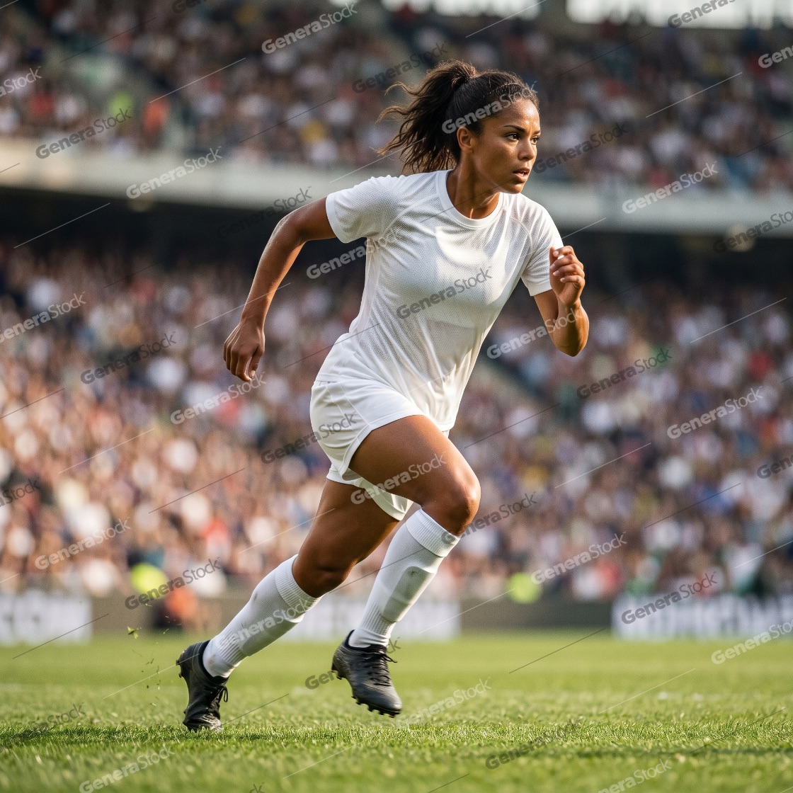 Professional female athlete in white sportswear running on a grass soccer field with a blurred stadium crowd in the background during a competitive match