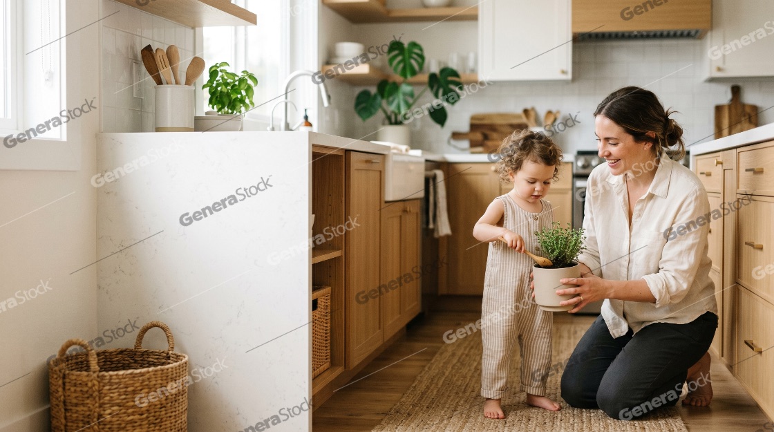 Happy mother and toddler daughter planting herbs together in a bright modern kitchen