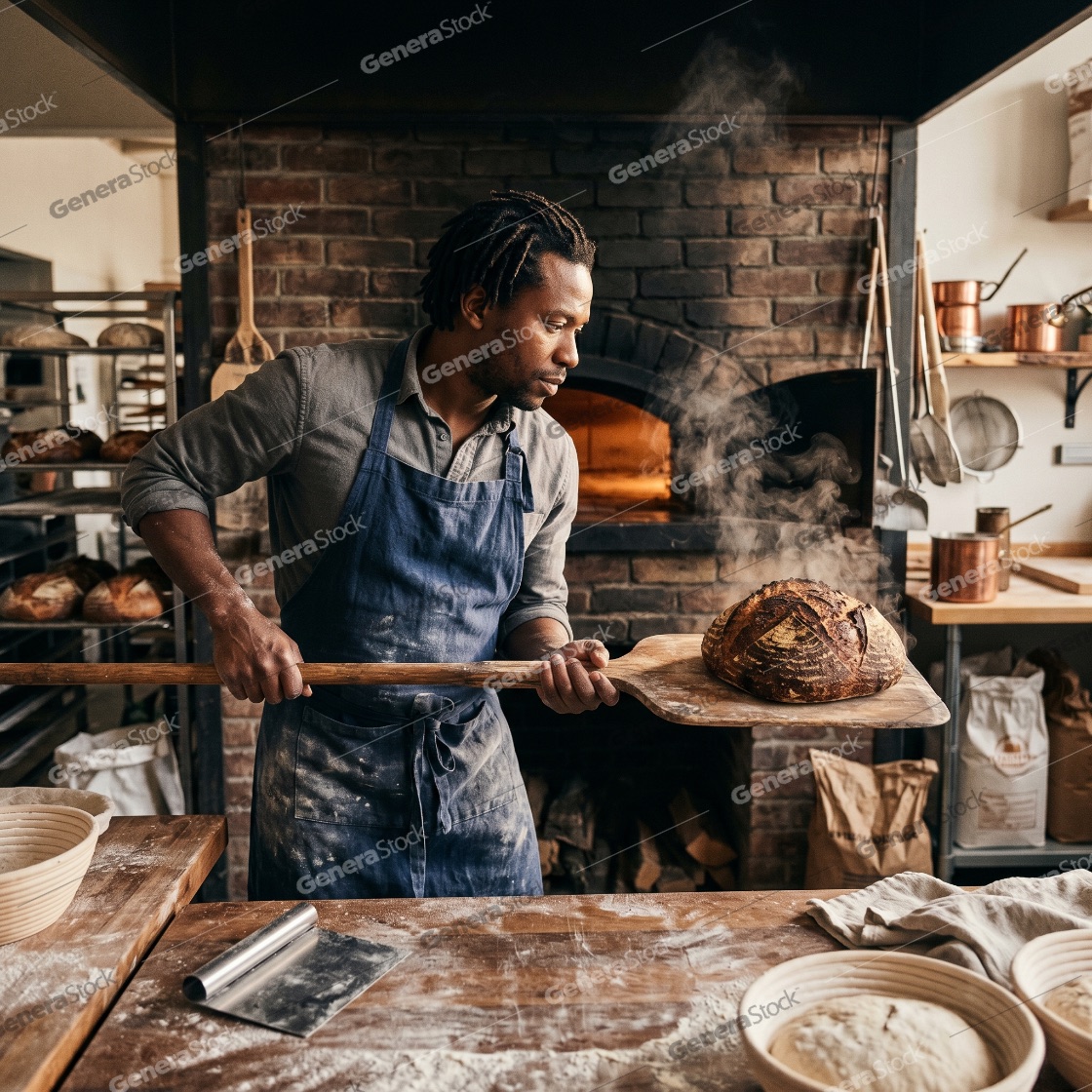 Professional African American baker removing a steaming loaf of fresh sourdough bread from a rustic brick oven using a wooden peel in an artisanal bakery