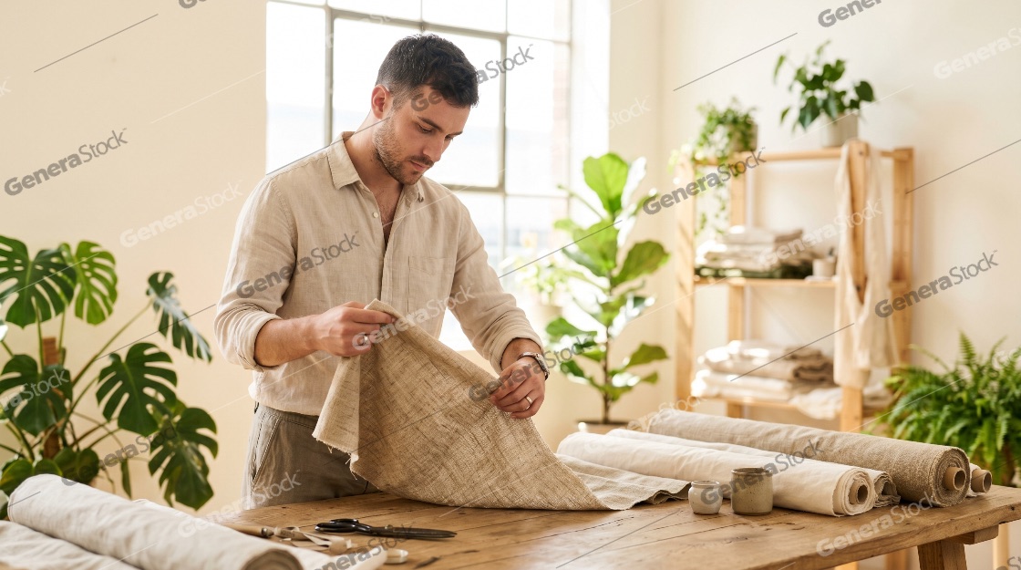 Young Artisan Working with Natural Linen Fabric in a Bright Sunlit Studio