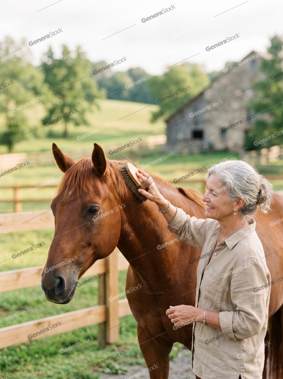 Smiling senior woman grooming a chestnut horse on a rural farm with a stone barn in the background