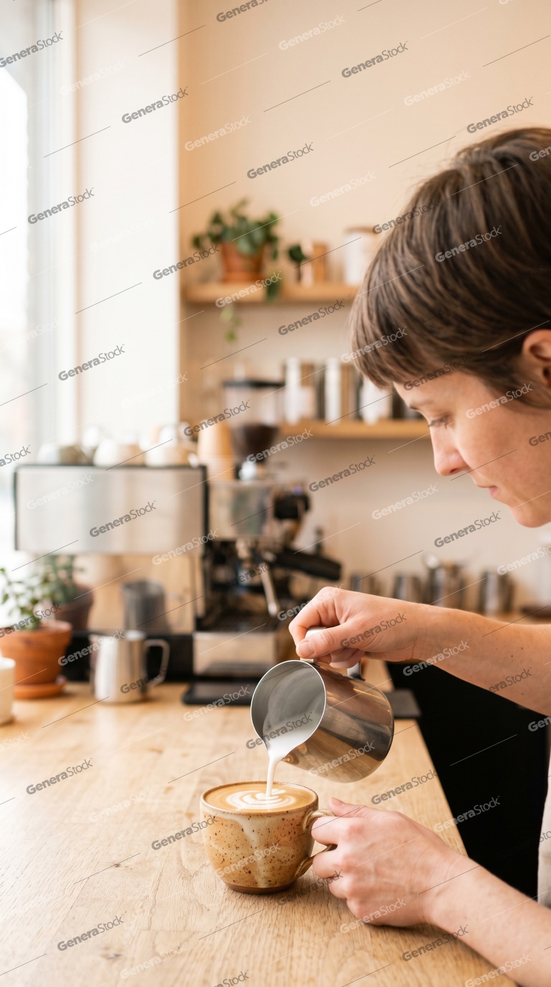 Professional female barista pouring steamed milk into a ceramic cup to create latte art in a cozy cafe