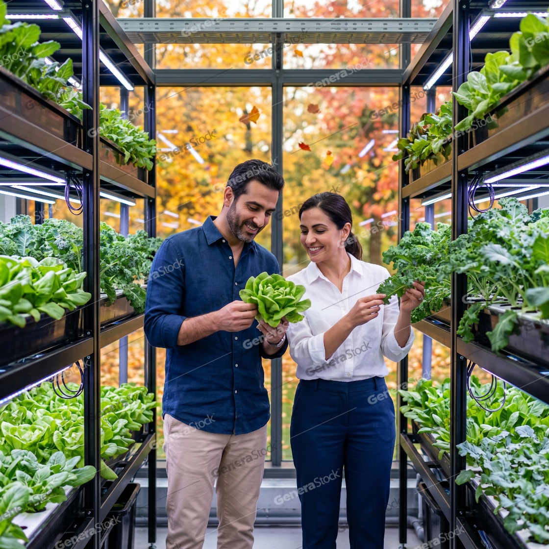Happy couple of farmers examining fresh green lettuce in a high-tech indoor vertical farm with LED grow lights