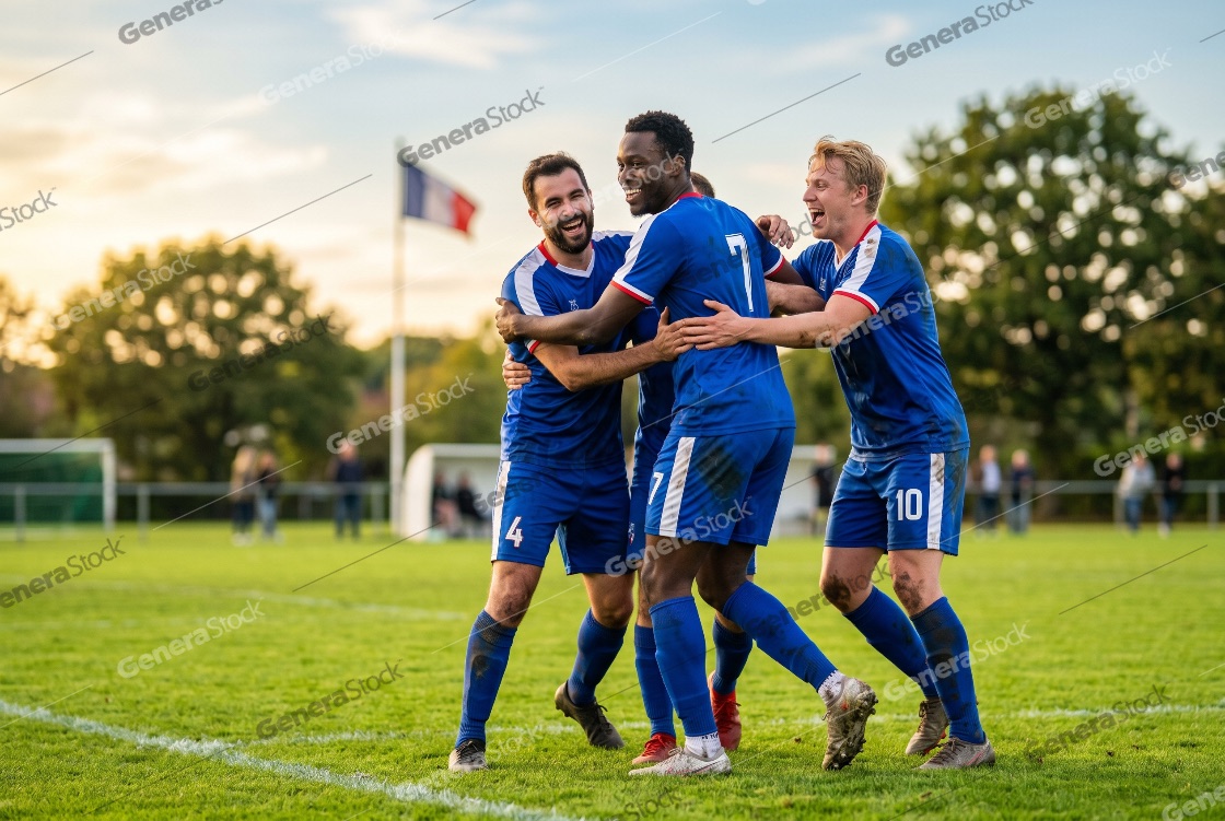 Happy diverse soccer players in blue uniforms celebrating a goal on a green field with a French flag in the background