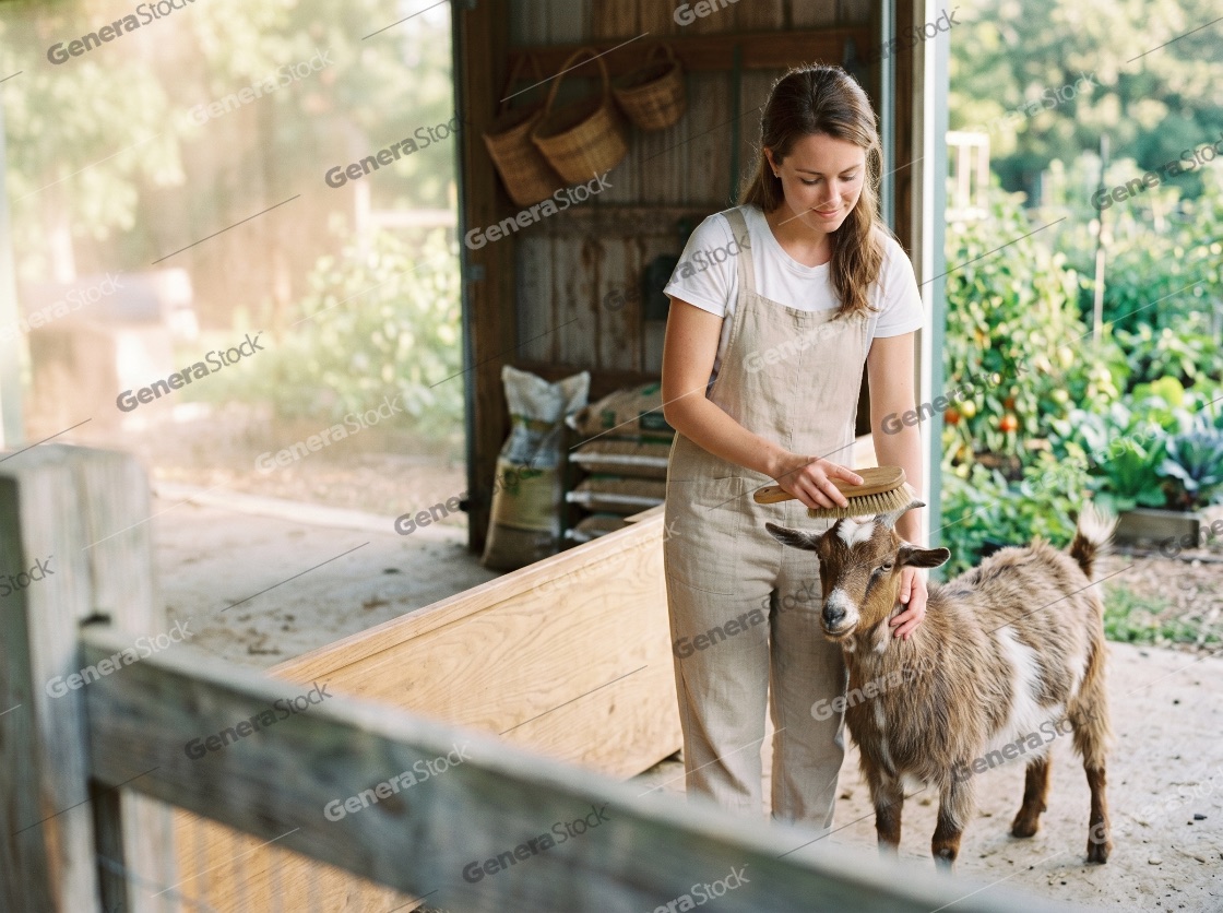 Young woman in overalls grooming a small goat in a rustic barn setting