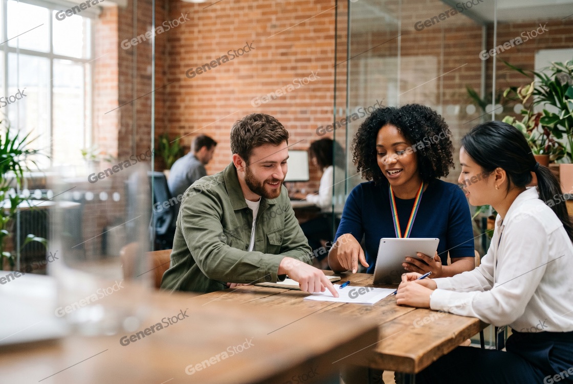 Diverse team of young professionals collaborating on a project in a modern open-plan office