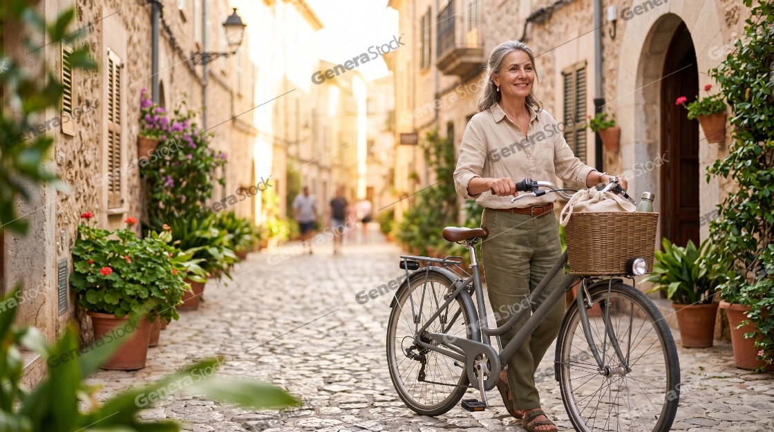 Happy mature woman with grey hair walking her bicycle through a sunny cobblestone street in a charming Mediterranean village